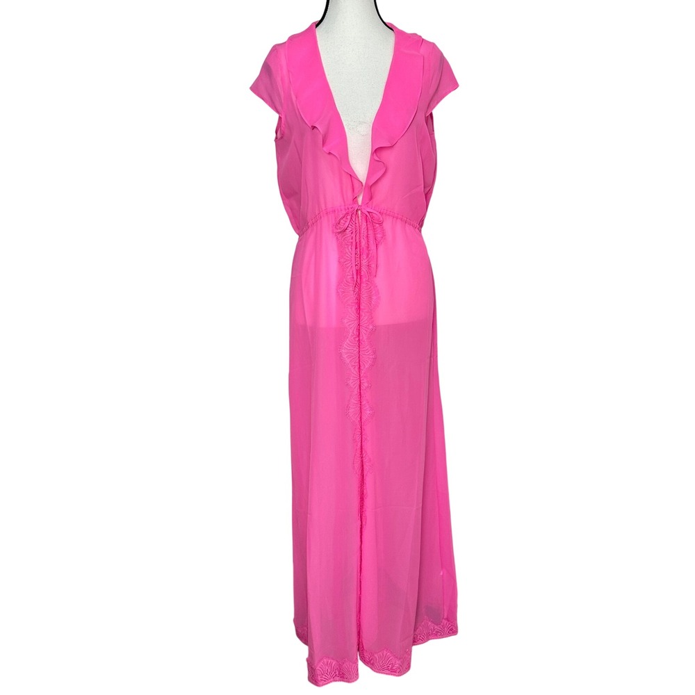 Mentionables Hot Pink Lacy Sheer Maxi Robe Womens Small Coquette Boudoir‎ Sexy